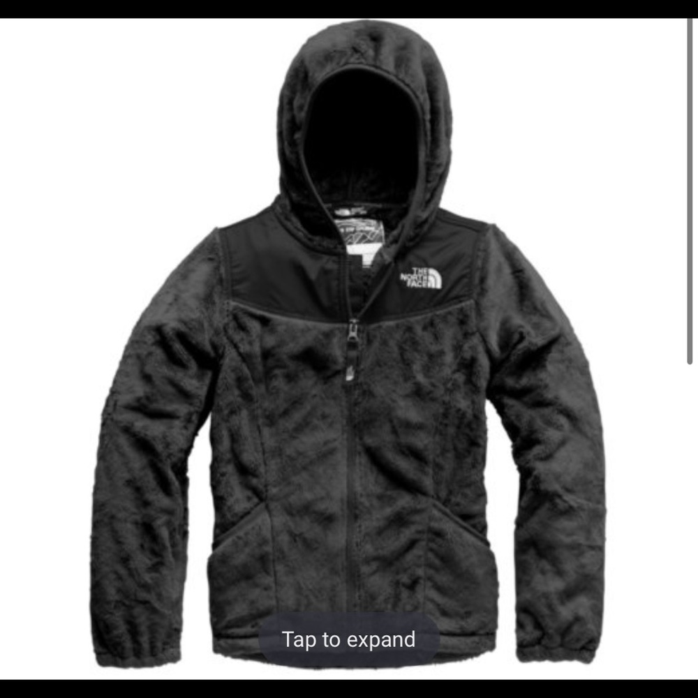 Girls black fuzzy North Face jacket. Size XL/ kids 18.